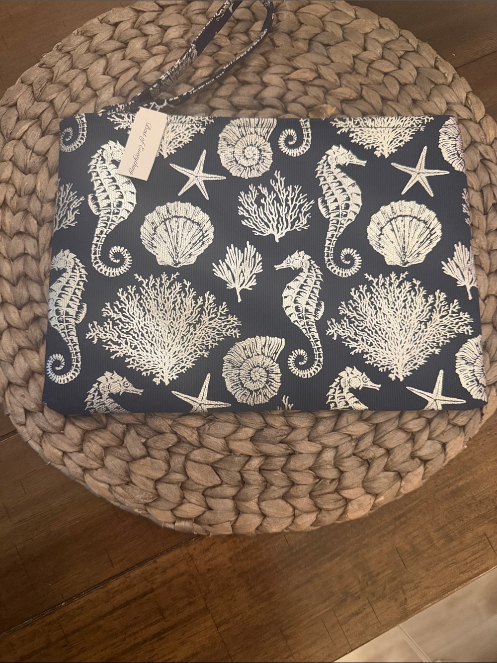 Navy Coastal Print Wristlet Pouch - Navy Cream